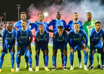 The starting eleven of Saudi Arabia's Al-Hilal pose for a group photo before the start of their 2023 Arab Club Champions Cup group B football match against Libya's Al-Ahli Tripoli at the Prince Sultan bin Abdul Aziz Stadium in Abha on July 27, 2023. (Photo by AFP)